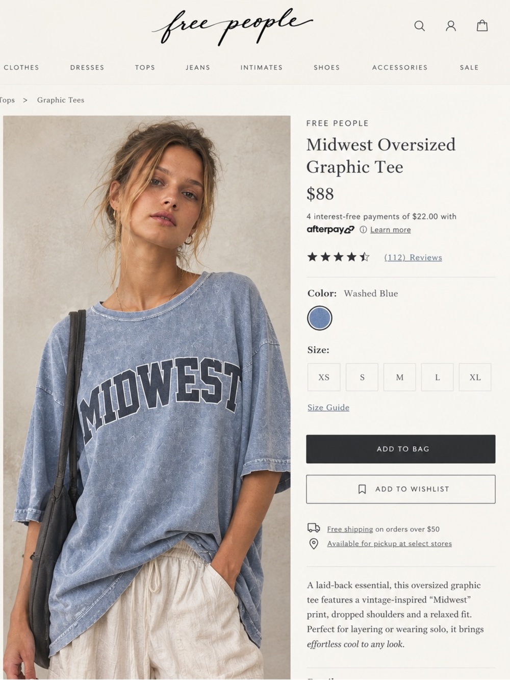 Free People Washed Blue Oversized 'Midwest' Graphic Tee